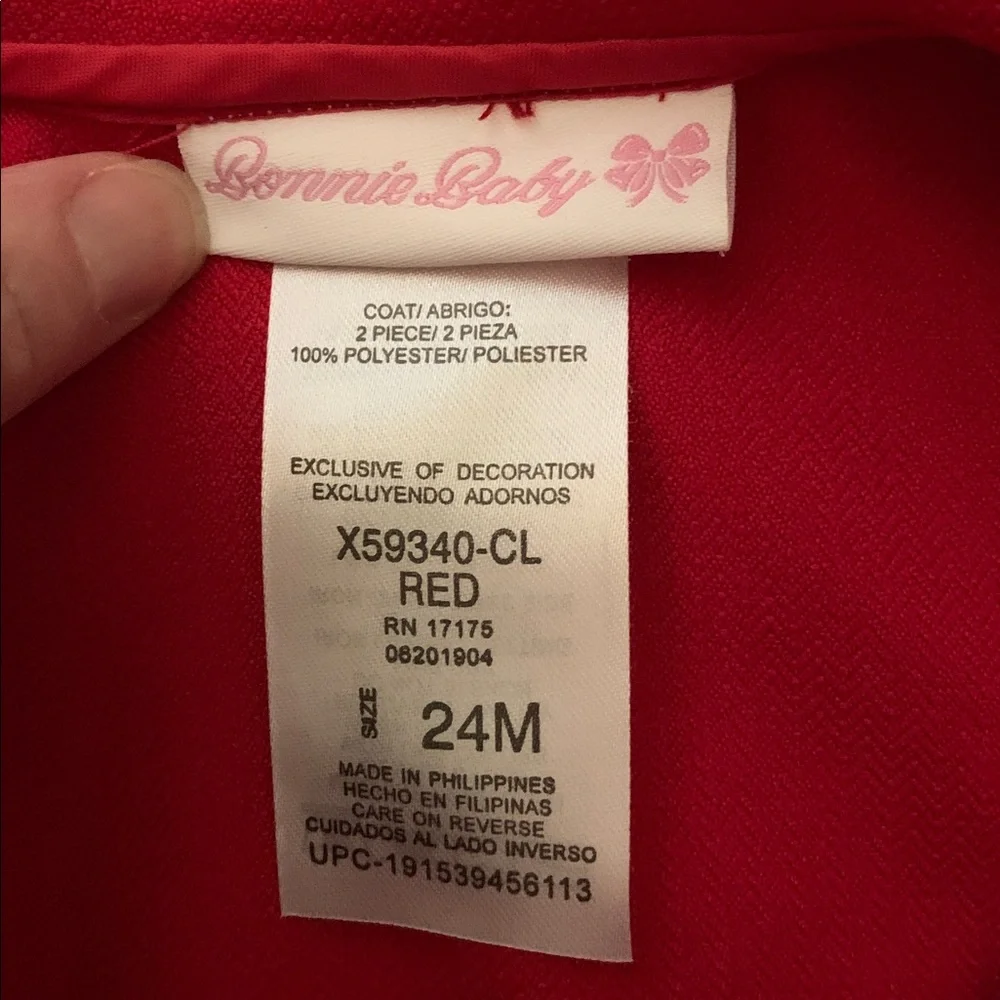 Bonnie Baby Red Valentine’s Day Pea Coat Size 24 Months Black Bows Christmas